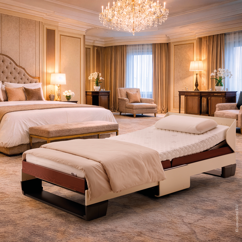 Froli relax + fold Beistellbett im Schlafzimmer neben Doppelbett