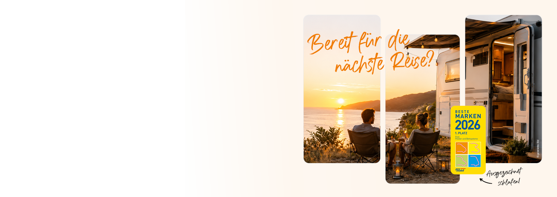 KI-generiertes Banner mit Reisenden vor einem Wohnmobil am Meer bei Sonnenuntergang, dem Hinweis „Bereit für die nächste Reise?“ und dem Siegel „Beste Marken 2026“