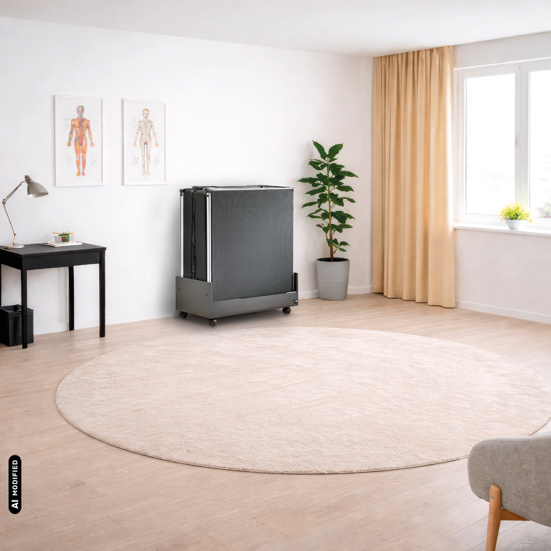 KI- modifizierte Darstellung des zusammengeklappten Froli relax + move Beistellbetts im Raum