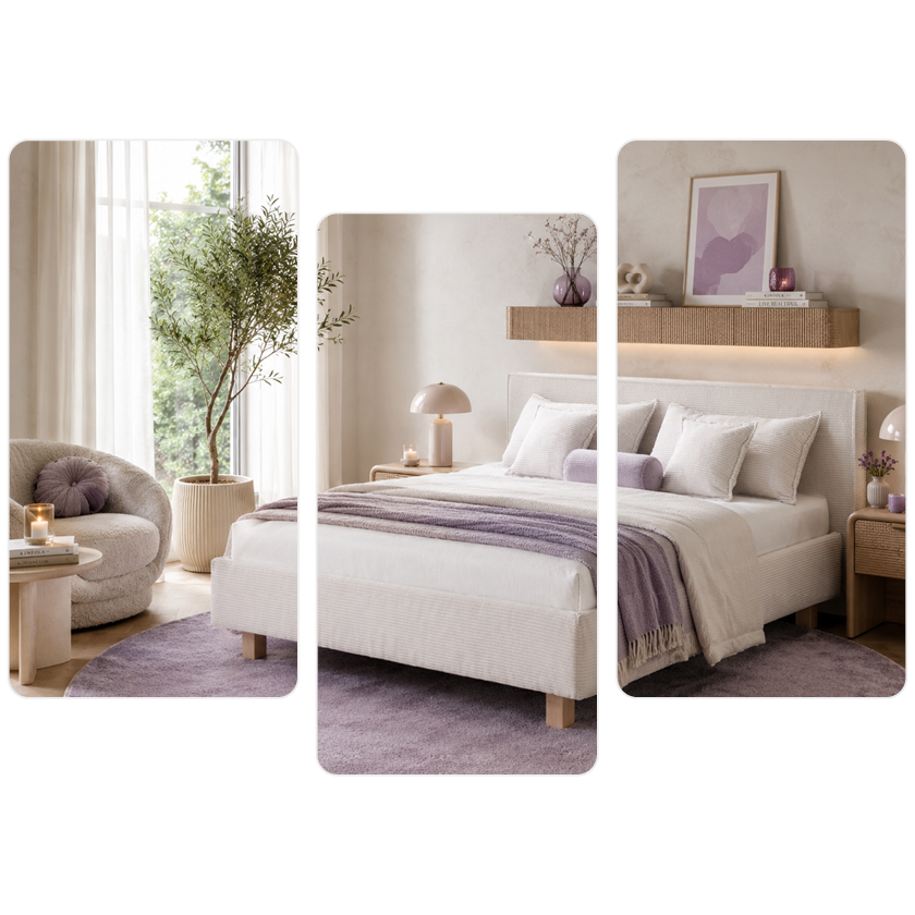 Modernes, gemütlich eingerichtetes Schlafzimmer mit Doppelbett in hellen Naturtönen für erholsamen Schlaf und hohen Schlafkomfort zu Hause