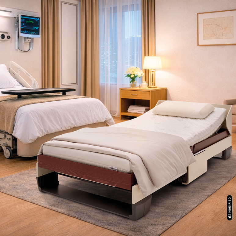 KI- modifizierte Darstellung eines Froli relax + fold Beistellbetts neben einem Klinikbett