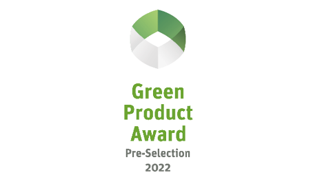 Logo des Green Product Award mit der Auszeichnung „Pre-Selection 2022“ in Grün und Grau