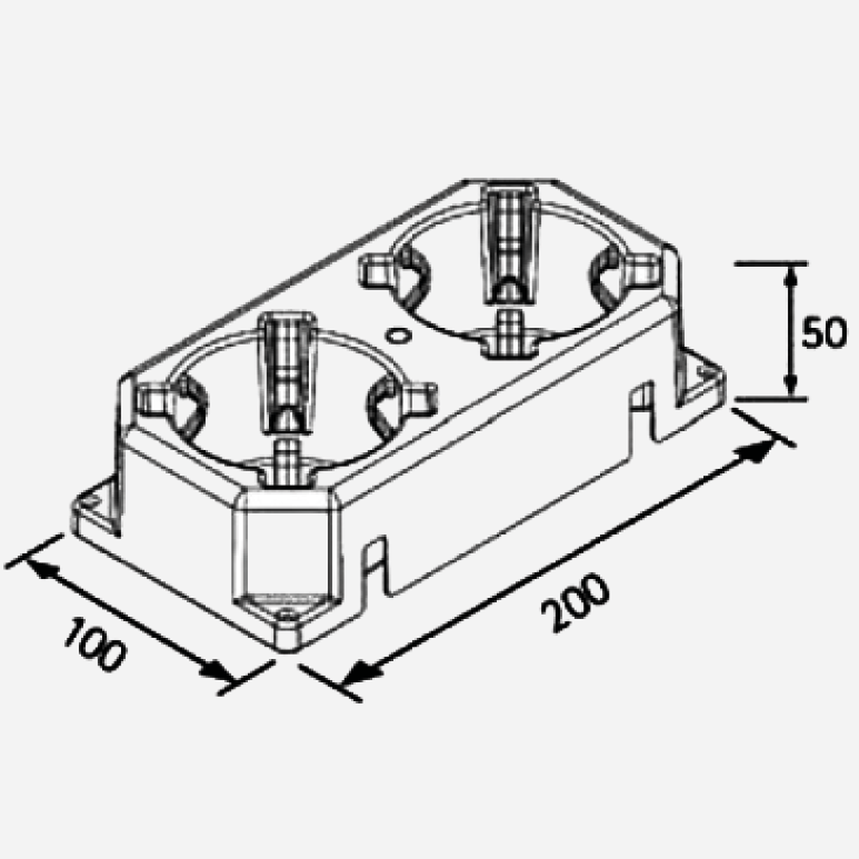Maßskizze des Froli Glashalters mit 200 mm Breite, 100 mm Tiefe und 50 mm Höhe