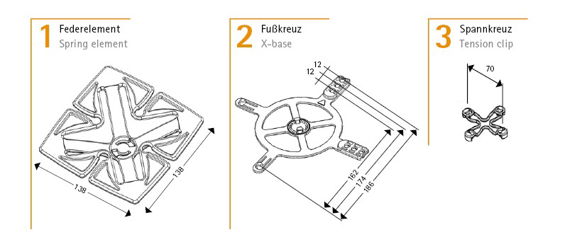 Technische Zeichnung des Froli Travel Bettsystems mit Federelement, Fußkreuz und Spannkreuz