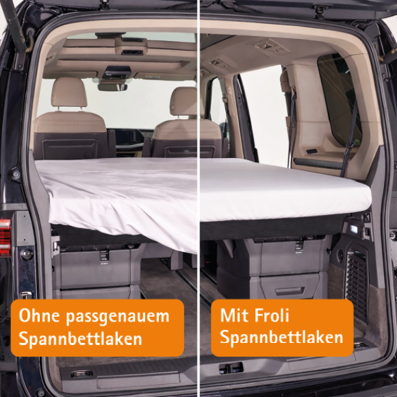 Vergleich ohne und mit passgenauem Froli Spannbettlaken im VW T7 Multivan