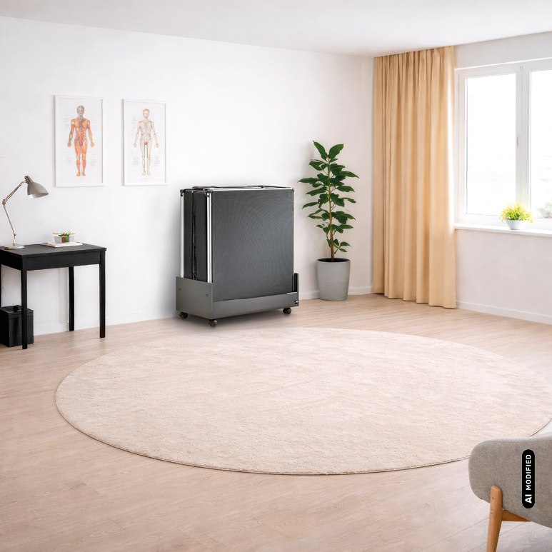 KI- modifizierte Darstellung des zusammengeklappten Froli relax + move Beistellbetts im Raum