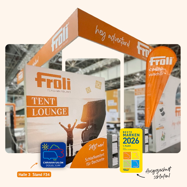 Froli Messestand auf dem CARAVAN SALON DÜSSELDORF 2026 in Halle 3, Stand F34, ausgezeichnet als „Beste Marken 2026“