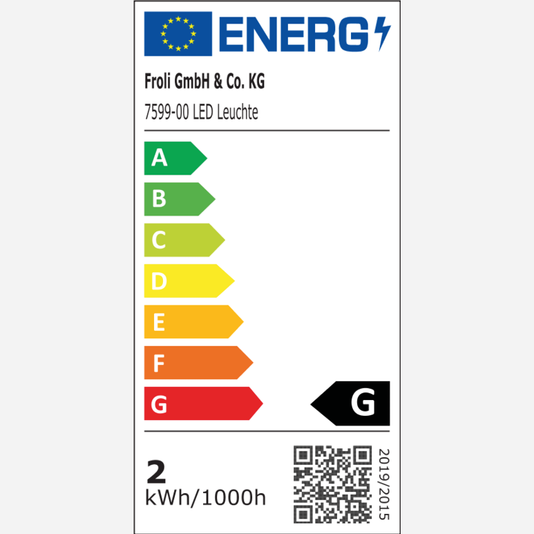 EU-Energielabel der Froli LED-Leuchte 7599-00 mit Energieeffizienzklasse G und 2 kWh pro 1.000 Stunden