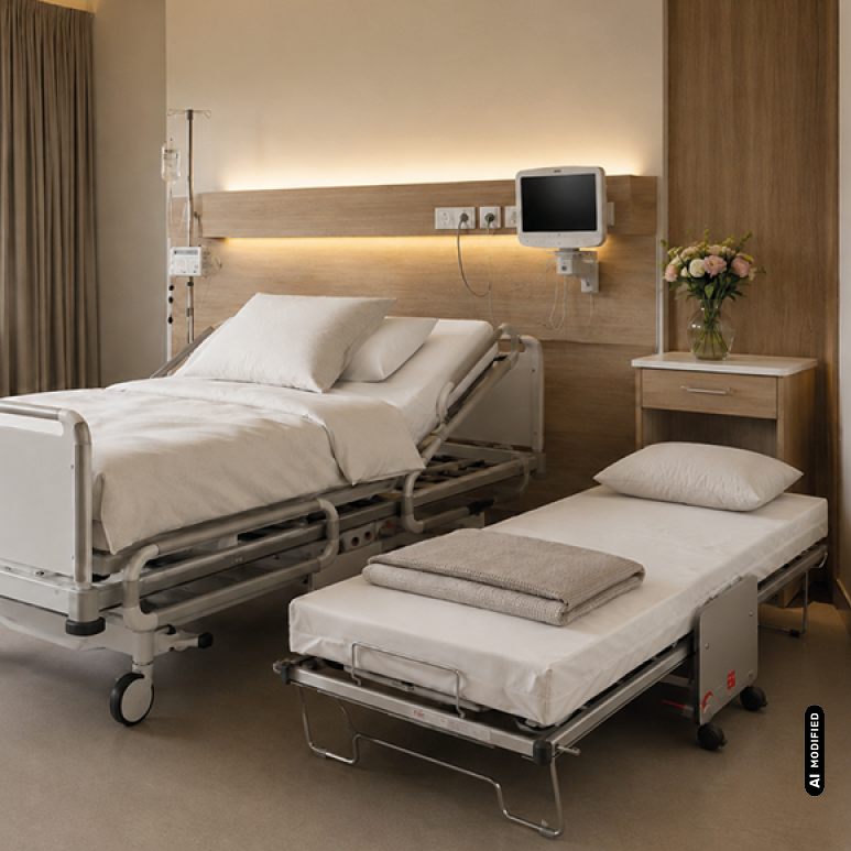 KI modifiziertes Anwendungsbild des Froli Relax + Move Care Beistellbetts neben einem Pflegebett im Patientenzimmer