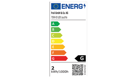 EU-Energielabel der Froli LED-Leuchte 7599-00 mit Energieeffizienzklasse G und 2 kWh pro 1.000 Stunden