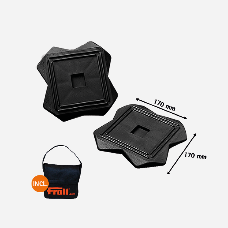 Zwei schwarze Froli Stützplatten im 4er-Set mit den Maßen 170 x 170 mm und schwarzer Aufbewahrungstasche
