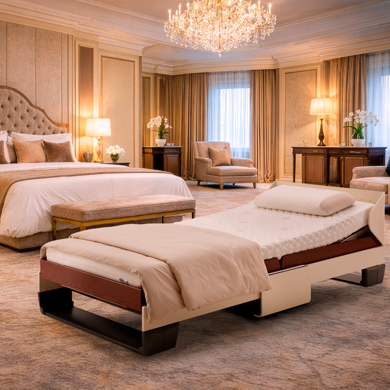 Froli relax + fold Beistellbett im Schlafzimmer neben Doppelbett