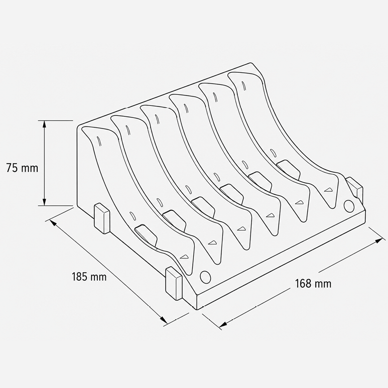 Maßzeichnung des Froli Tellerhalters niedrig mit Abmessungen - (BxHxT) = 168 x 75 x 185 mm mit einem Durchmesser von Ø 140 - 200 mm