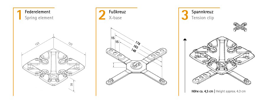 Technische Skizze des Froli Star Mobil Schlafsystems mit Federelement, Fußkreuz und Spannkreuz inklusive Maßangaben