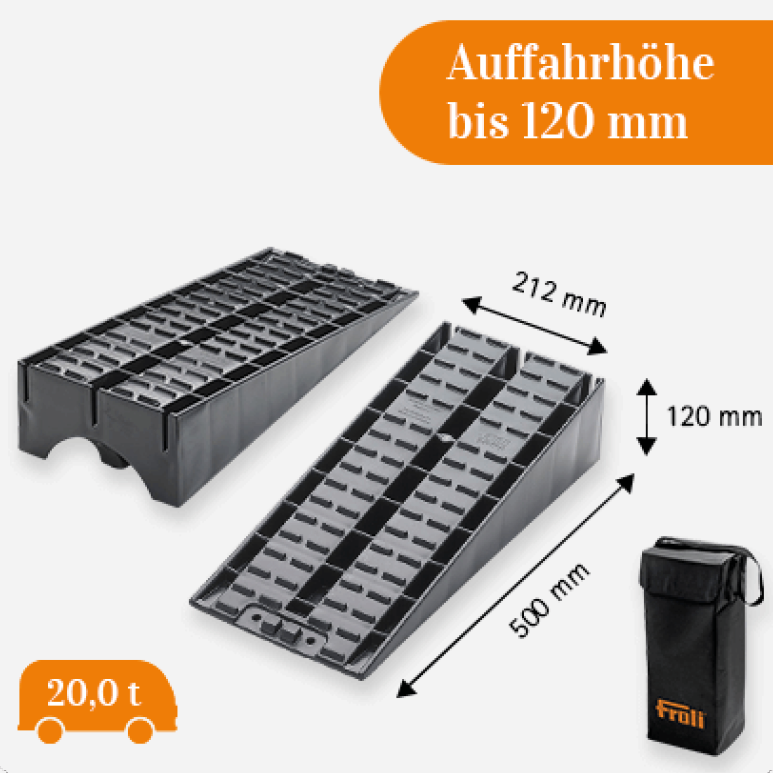 Maxi-Keil für Wohnmobil und Caravan mit Maßen, Auffahrhöhe bis 120 mm und Transporttasche
