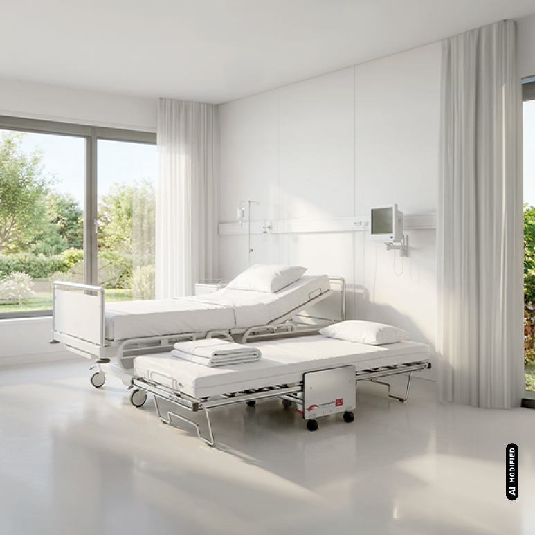 KI-modifiziertes Anwendungsbild des Froli Relax + Move Care Beistellbetts ausgeklappt neben einem Pflegebett im Patientenzimmer