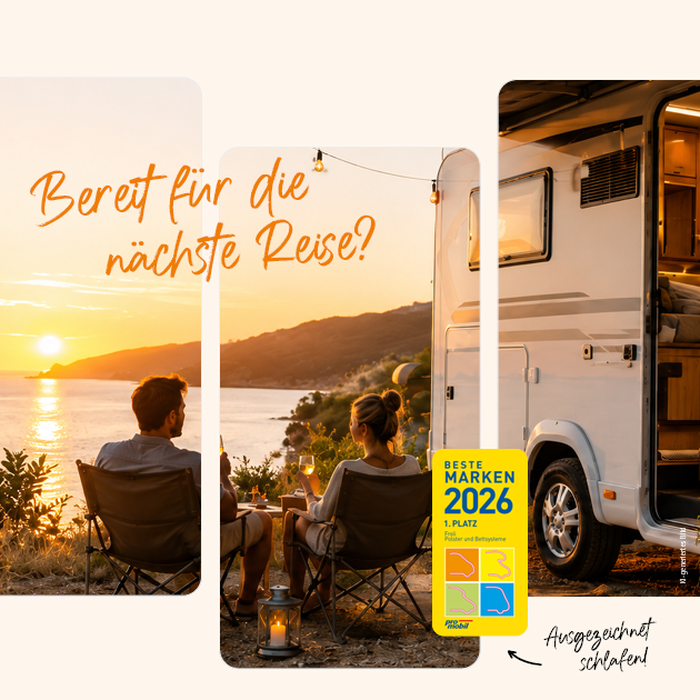 KI-generiertes Banner mit Reisenden vor einem Wohnmobil am Meer bei Sonnenuntergang, dem Hinweis „Bereit für die nächste Reise?“ und dem Siegel „Beste Marken 2026“
