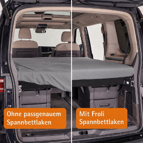 Vergleich ohne und mit passgenauem Froli Spannbettlaken im VW T7 Multivan