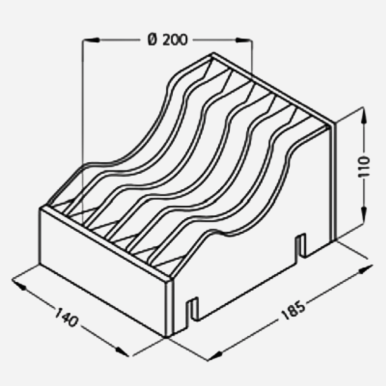 Maßzeichnung des Froli Tellerhalters hoch mit Abmessungen – (BxHxT) = 140 x 110 x 185 mm und mit einem Durchmesser Ø von 140 - 200 mm