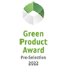 Logo des Green Product Award mit der Auszeichnung „Pre-Selection 2022“ in Grün und Grau