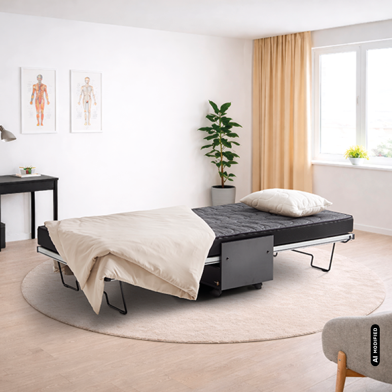 KI-modifiziertes Anwendungsbild des Froli Relax + Move Beistellbetts als ausgeklappte Liegefläche in einem hellen Raum