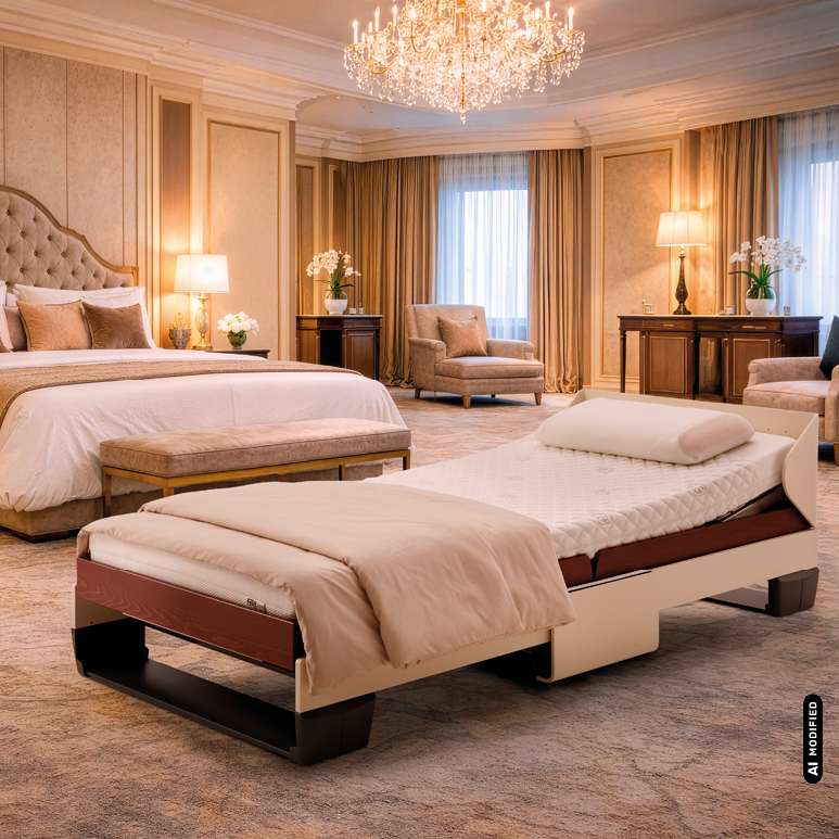 KI-modifizierte Darstellung eines Froli relax + fold Beistellbetts in einer Hotelsuite