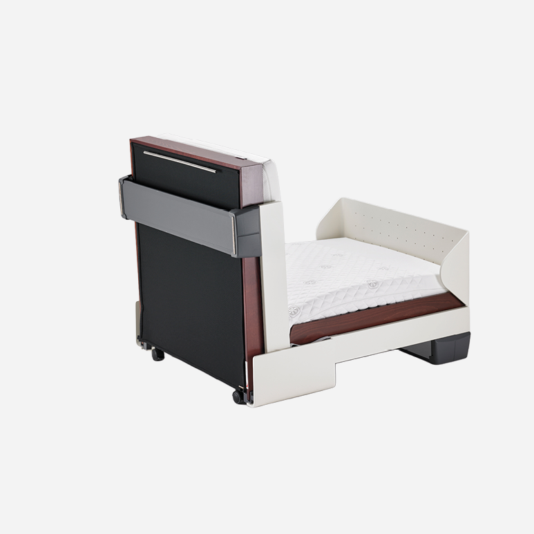 Froli relax + fold Beistellbett halb zusammengeklappt auf Rollen