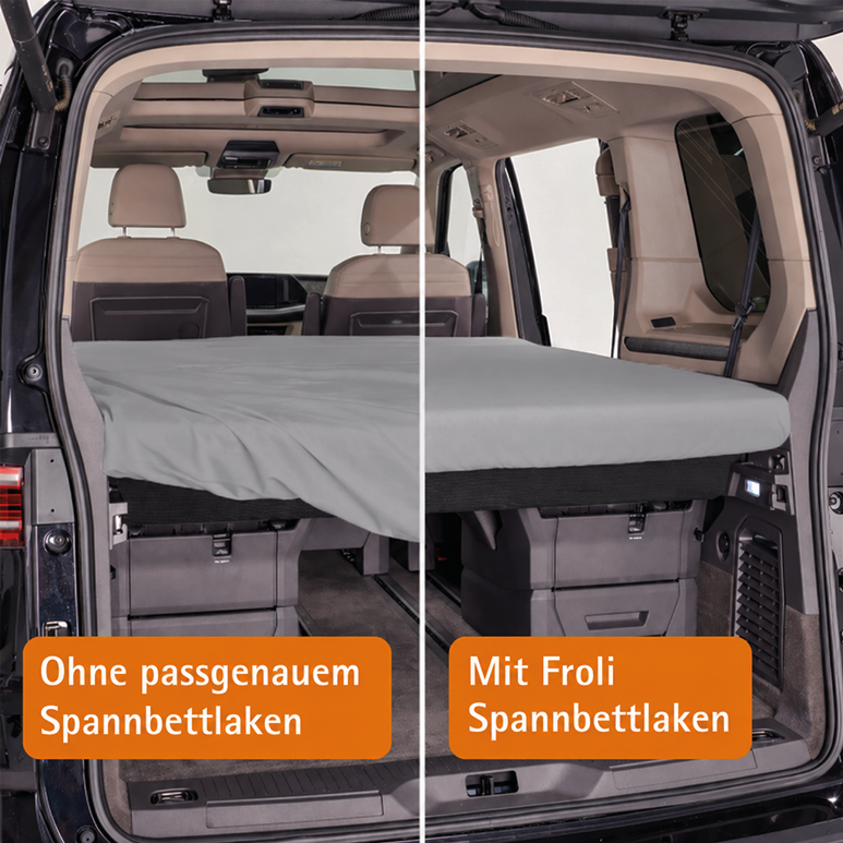 Vergleich ohne und mit passgenauem Froli Spannbettlaken im VW T7 Multivan