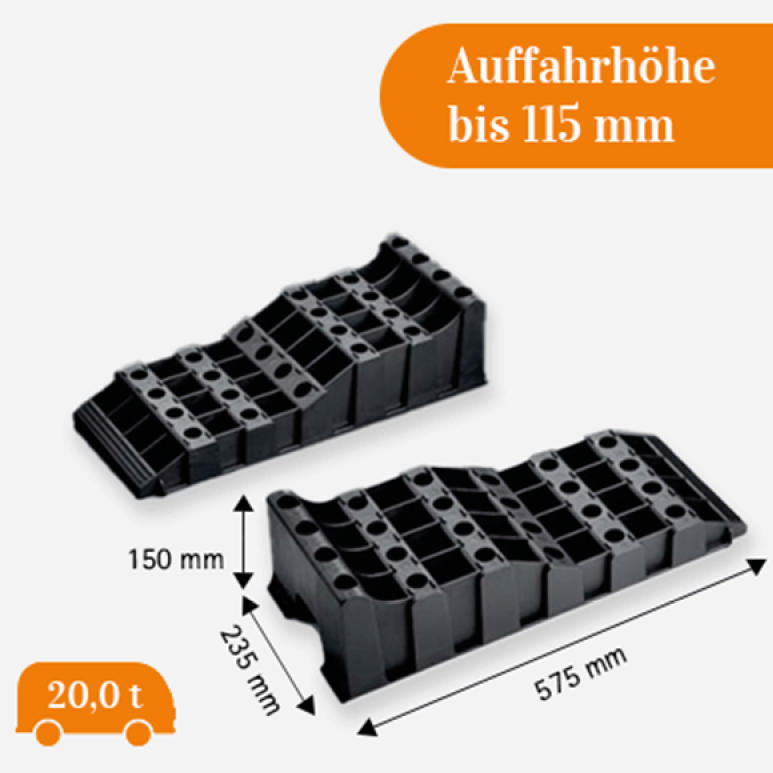 Zwei schwarze Froli Stufenkeile XL mit Maßangaben 575 x 235 x 150 mm, Auffahrhöhe bis 115 mm und Belastbarkeit bis 20 Tonnen (5000 kg pro Keil / Rad)